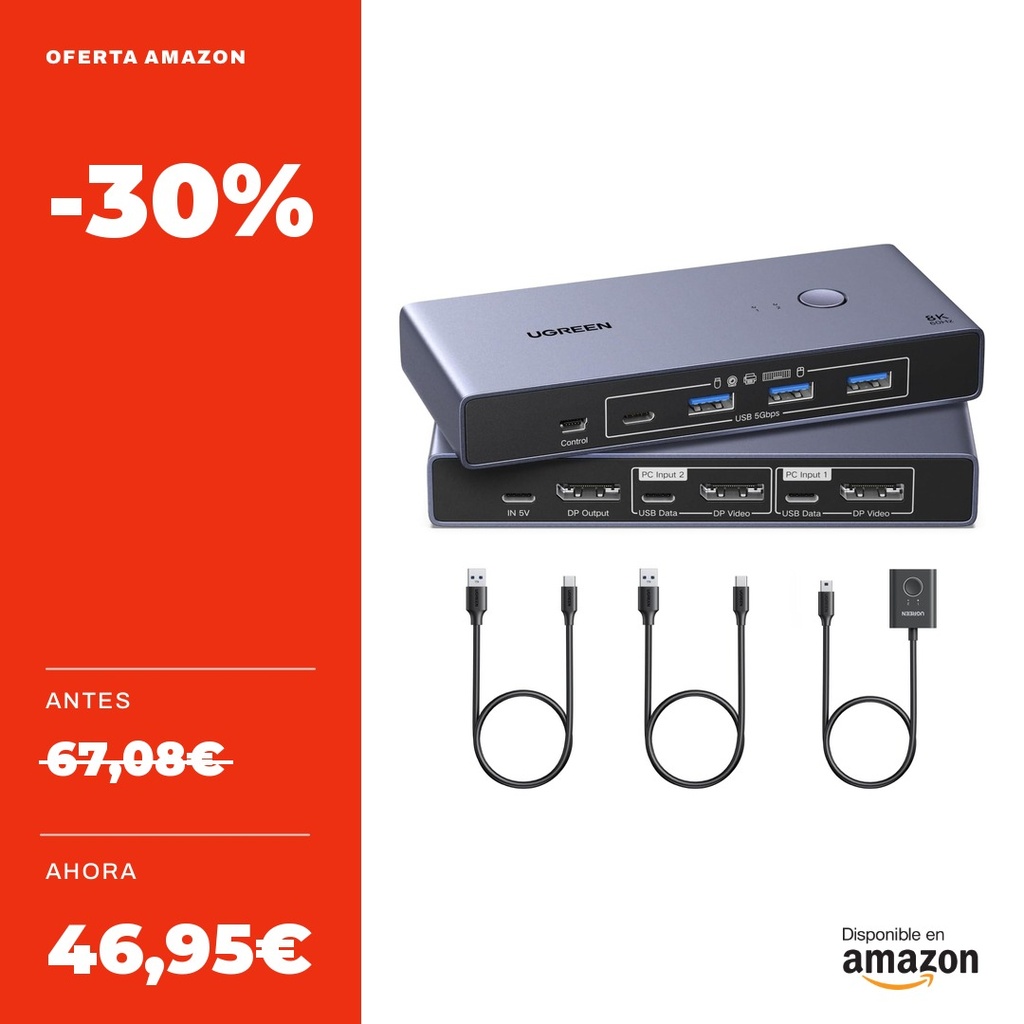 UGREEN KVM DisplayPort 8K 60Hz, 2 entradas y 1 salida